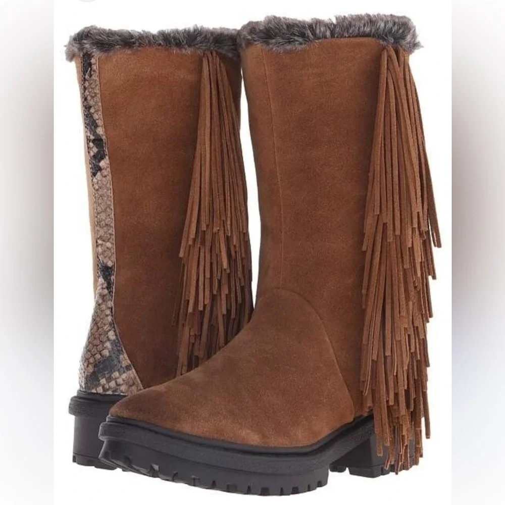 Sam Edelman Tilden Faux Fur Fringe Boots – Chestnut Suede w/ Snakeskin Trim